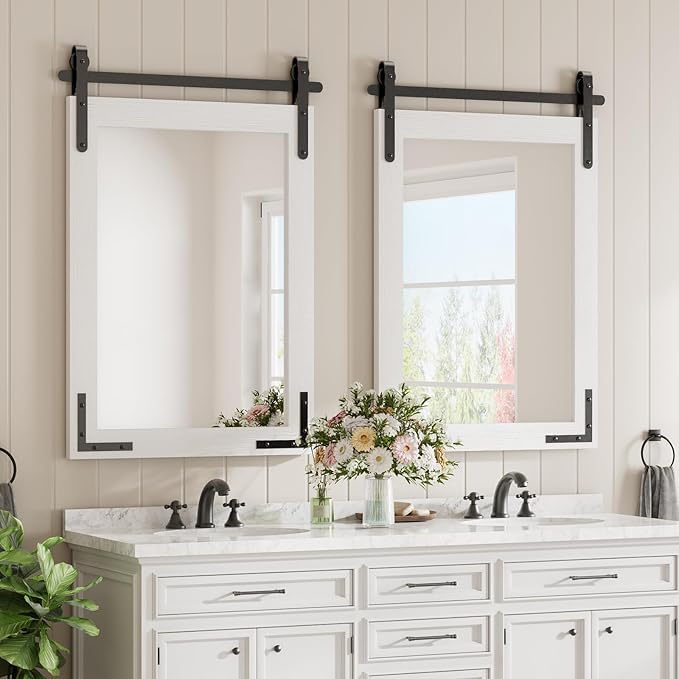 22x30 Inch White Farmhouse Barn Door Mirror with Solid Wood Frame, Shatterproof Glass, No Assembly Required – Perfect for Farmhouse Style Decor