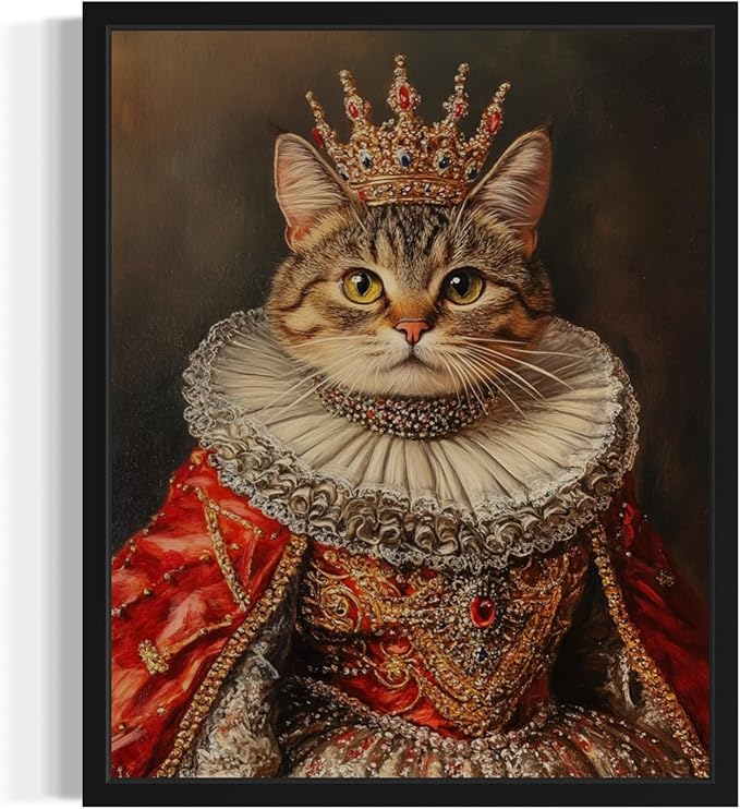 Queen Cat Portrait Art Poster Print, Cat Kitten Painting Humor Portrait Pet Artwork Decor Gallery A8 (Queen Cat, 8 x 10 inches, Unframed)