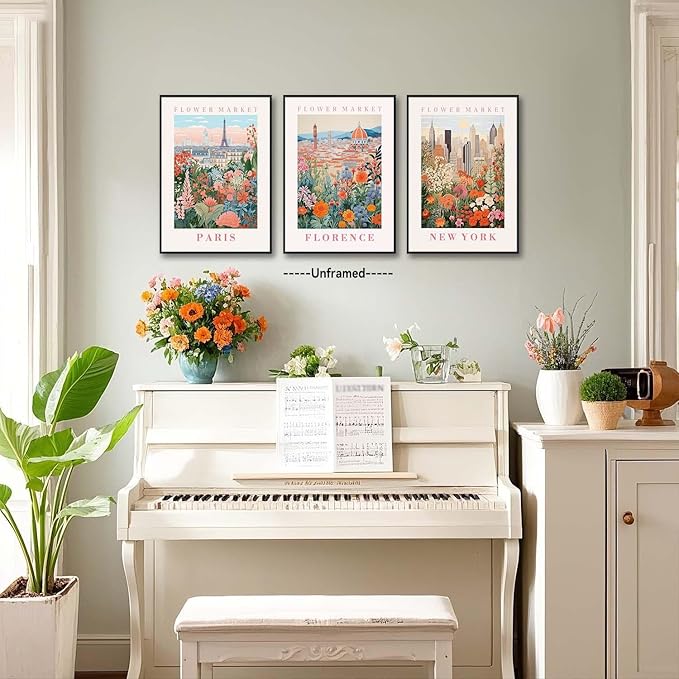 XLARTMY Flower Market Wall Art Prints Canvas Orange and Pink Floral Paintings Colorful Botanical Travel Flower Posters for Home Decor Pictures Set of 3 for Living Room Bedroom 16x24in Unframed