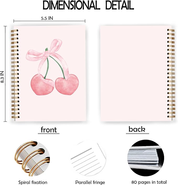 Pink Cherry Notebook, Coquette Bow Preppy Girly Spiral Notebook 5.5x8.3, Pink Aesthetic Journal for Women, Coquette Office Supplies, Preppy Gifts for Women, Spiral Journal