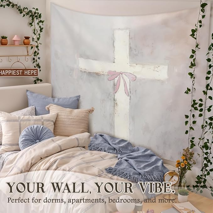 STHTTSW Pink Cross Bow Tapestry Aesthetic, Christian Tapestries Wall Blanket, Bible Religious Girly Wall Hanging Decor for Girl Women Home Living Room Bedroom Church Prayer Room, 50x60 Inch