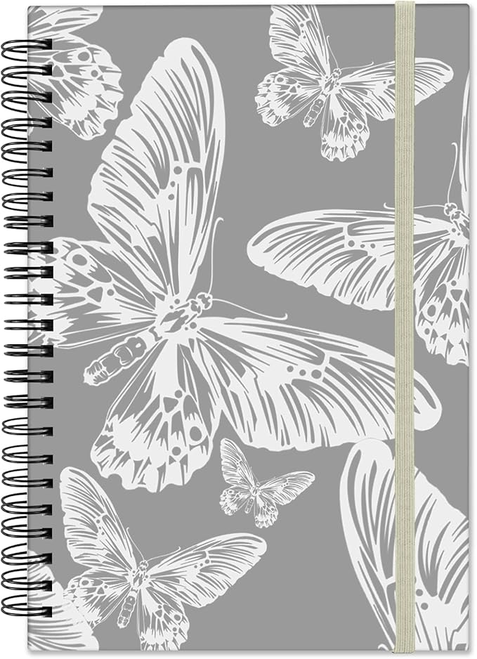 Spiral Notebook,Hardcover Journal Wide Ruled Spiral Notebook,A5 5.5 x 8.3 Inch,80GSM Thick Paper 60 Sheets 120 Pages for Girls Women School Office Aesthetic Cute-Gray White Butterfly