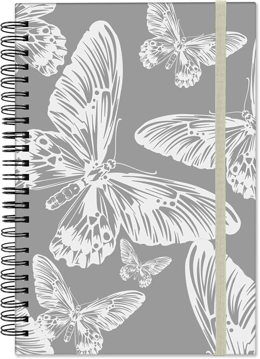 Spiral Notebook,Hardcover Journal Wide Ruled Spiral Notebook,A5 5.5 x 8.3 Inch,80GSM Thick Paper 60 Sheets 120 Pages for Girls Women School Office Aesthetic Cute-Gray White Butterfly