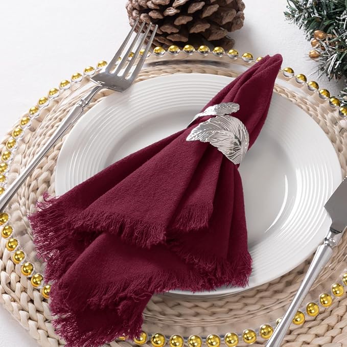 6 Pack Burgundy Red Cotton Linen Napkins with Fringe Christmas Red Cloth Napkins Set of 6 Boho Handmade Dinner Napkins Bulk for Wedding Bridal Baby Shower Valentine's Day, 17 x 17 Inches