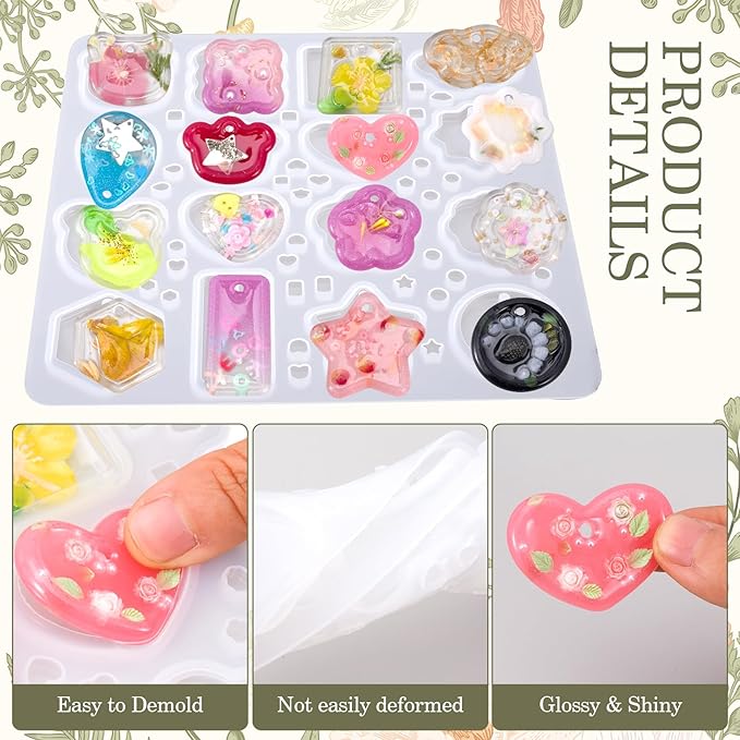 Keychain Silicone Molds for Resin, 16 Cavities Geometric Pendant Mold with 10pcs Jump Rings and 5pcs Chains, Heart Star Shape Mold for DIY Art Crafts, Key Chains, Jewelry Making