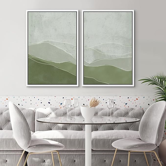 SIGNWIN Framed Wall Art Print Set Faded Green & Gray Wave Landscape Abstract Shapes Illustrations Modern Art Bohemian Relax/Calm Multicolor for Living Room, Bedroom, Office - 16"x24"x2 White
