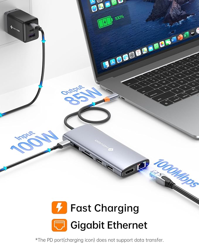 NOVOO USB C Docking Station Dual Monitor for Laptop, 14 in 1 USB C Hub Adapter Thunderbolt 3 to Dual 4K60 HDMI+8K30 DP USB C/A Data 100W PD RJ45 SD/TF Audio