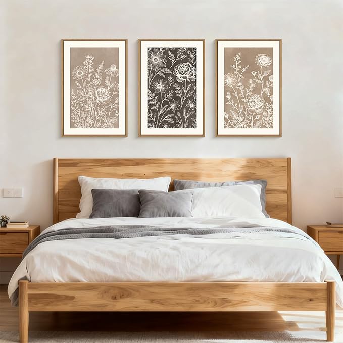 Vintage Flower Framed Canvas Wall Art Set,Modern Nature Wildflower Wall Decor, Neutral Brown Black Floral Art Prints,Natural Botanical Artwork for Living Room, Bedroom,Farmhouse- 16"x24"x3