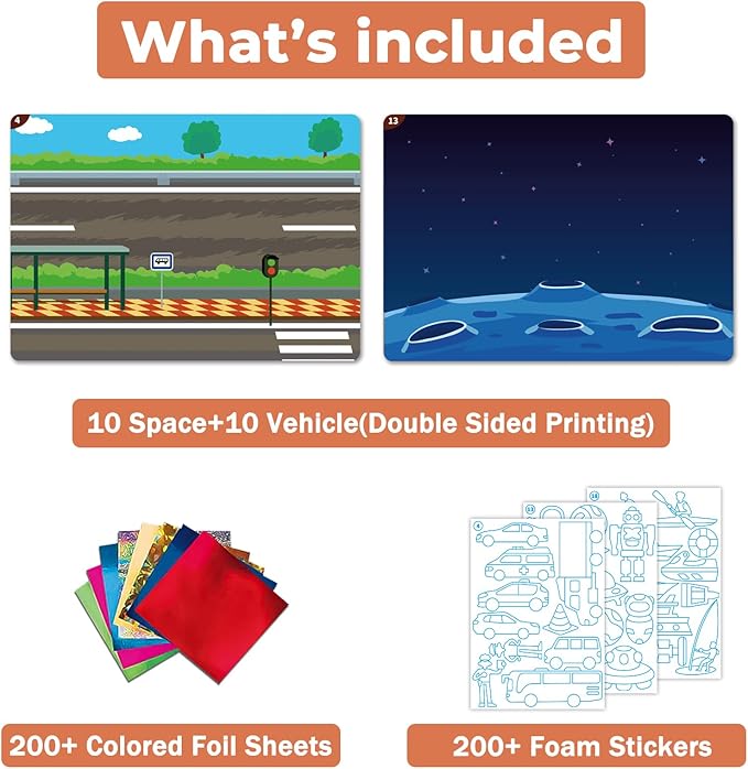 SOOVSY 200 Sheets Space Vehicles Foil Art Fun Kit for Kids, Foil Art for Kids, No Mess Art Crafts Kit DIY Creative Gift Children Travel Toys for 4 5 6 7 8 9 Years Old Girls Boys(Space Vehicle)
