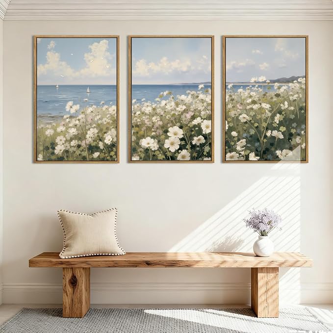 Anyzal Farmhouse Floral Wall Art Framed Coastal Wildflower Wall Decor Flower Painting 16x24 Inch Set of 3 for Living Room Bedroom Dining Room
