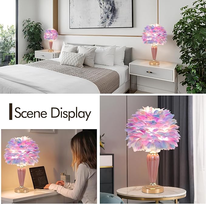 Colorful Feather Lamp Fluffy Table Lamp Furry Bedside Lamp Romantic Princess Lights Goose Feather Night Light for Bedroom Wedding Decor Valentines Dating Livingroom Hotel Office
