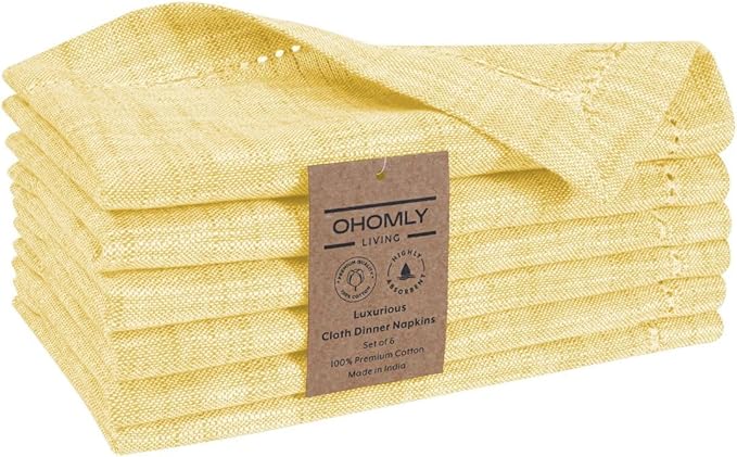 Slub Textured Dinner Napkins Set of 6-100% Cotton Cloth Napkins 18x18 Inch - Soft Durable Washable Fabric Napkins for Everyday Use & Special Occasions Christmas - Yellow