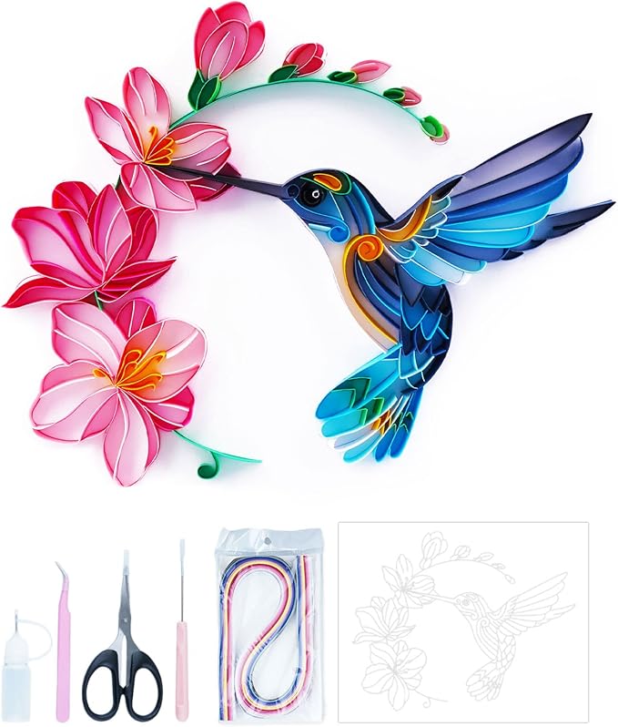 Uniquilling Quilling Kit, Paper Quilling Kits, 8 * 10-in Flower& Hummingbird Paper Filigree Kits with Quilling Tools& Using Manual, DIY Quilling Artwork Modern Wall Art for Living Room