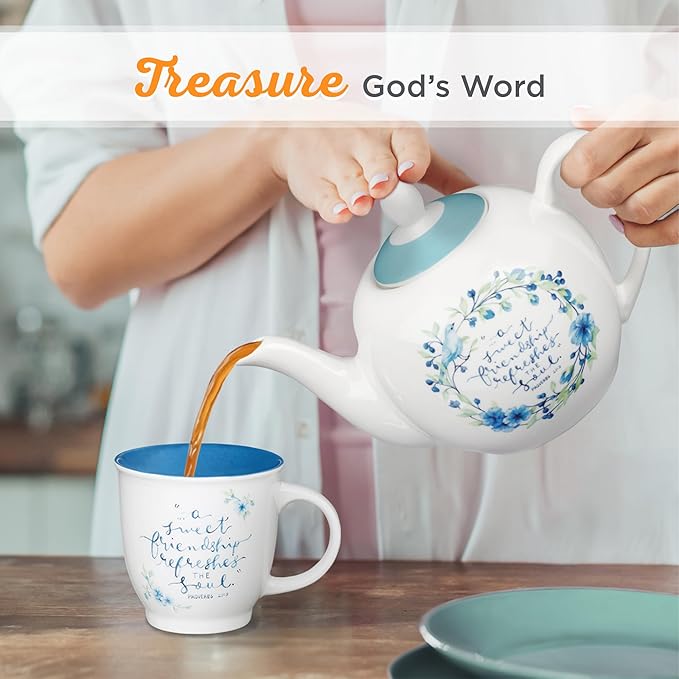 Christian Art Gifts Women's Ceramic Floral Teapot: Sweet Friendship - Proverbs 27:9 Inspirational Bible Verse w/Gift Box, Lead/Cadmium-free, Microwave, Dishwasher & Freezer Safe, Blue Wreath, 30 oz.