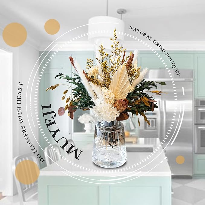 Natural Dried Flower Bouquet - Pampas Grass Decor, Fall Floral Arrangements with Eucalyptus, Plams, Hydrangea, Rustic Bouquet for Vase, Boho Table Centerpiece, Bohemia Home Wedding Decoration
