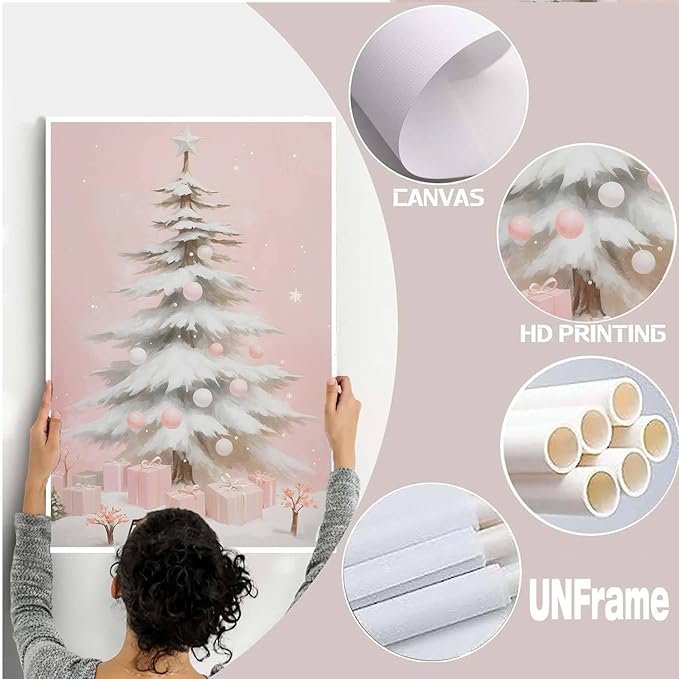 Canvas Wall Art Pink Christmas Tree Wall Art Print Holiday Poster Trendy Christmas Decor 24x36in-UnFramed
