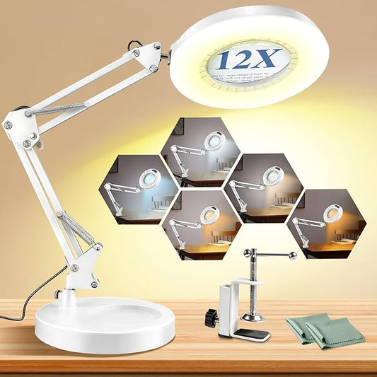 12X Magnifying Glass with Light and Stand, 144 LEDs Brightest Desktop Magnifying Lamp, 10 Dimmable Brightness 5 Color Modes, Hands Free Metal Desk Lamp for Craft Reading Painting (White)