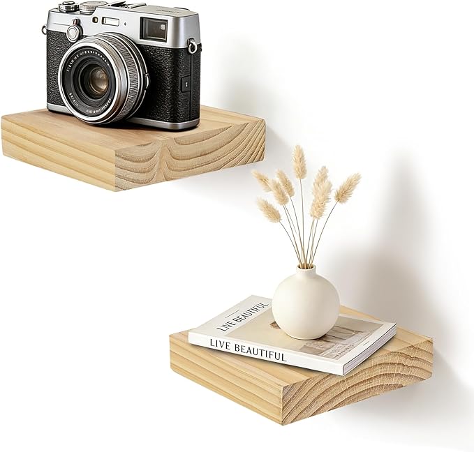 Floating Wall Shelves 6.8x6.8x1.7 Inch – Solid Wood Square Shelves in Natural Wood Finish – Rustic Mini Display Shelves for Entryway, Bathroom, Small Spaces – Set of 2