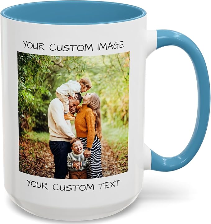 Personalized Coffee Mug – Custom Photo, Text, or Logo Ceramic Mug Tea Cup | Taza Personalizada with Picture or Message | Customized Gift Idea for Men & Women, Mom, Dad, Friends - White/Blue | 15oz
