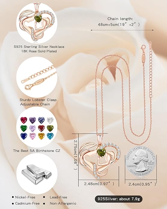 Mothers Day Gifts for Mom - Rose Heart Necklaces for Women, 925 Sterling Silver Birthstone Jewelry to My Wife Necklace, Birthday Gifts for Mother Grandma Girlfriend Her