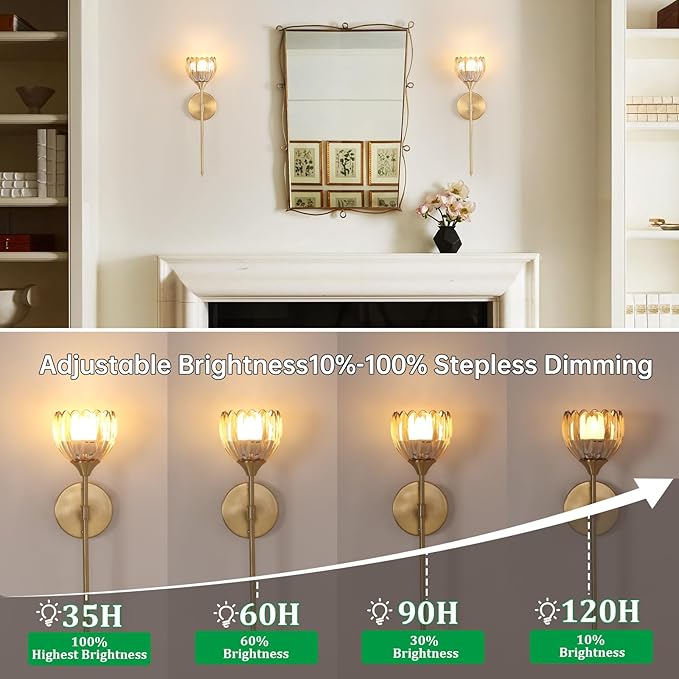 Battery Operated Wall Sconce Set of 2, Amber Tulip Vintage Wall Light Fixture Rechargeable 5000mAh Battery Powered Wall Lamp with Remote for Living Room Bathroom