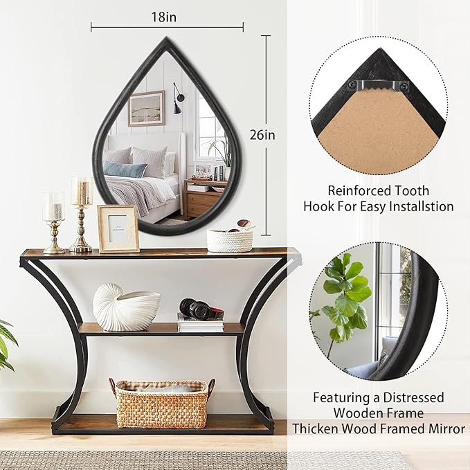 Teardrop Wall Mirror with Wood Frame Rustic Wall Mirror Black Farmhouse Unique Irregular Wall Hanging Mirrors for Bathroom Living Room Hallway Wall Decor