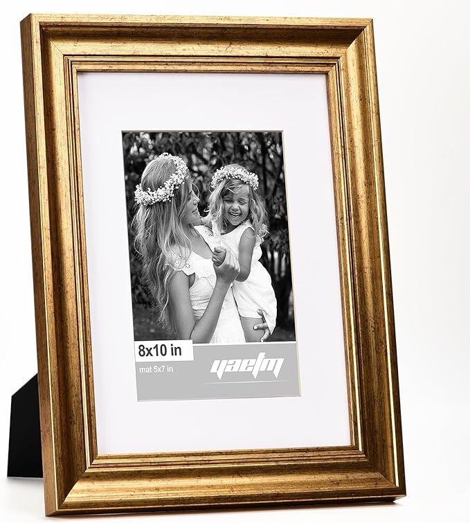Yaetm 8x10 Picture Frame Matted to 5x7 Set of 4, 1.4” Wide Molding & Rustic Gold Photo Frames 8 x 10 with Tempered Glass, Display on Tabletop & Wall Mounting (4 pack, Gold)