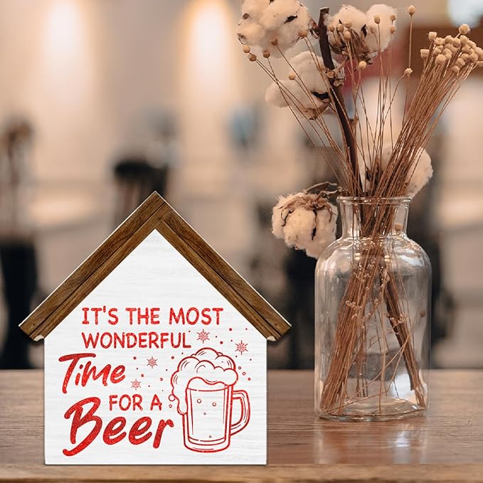 Christmas Bar Sign Decor, It's the Most Wonderful Time for a Beer House Shaped Wood Sign, Kitchen Home Bar Christmas Decorations