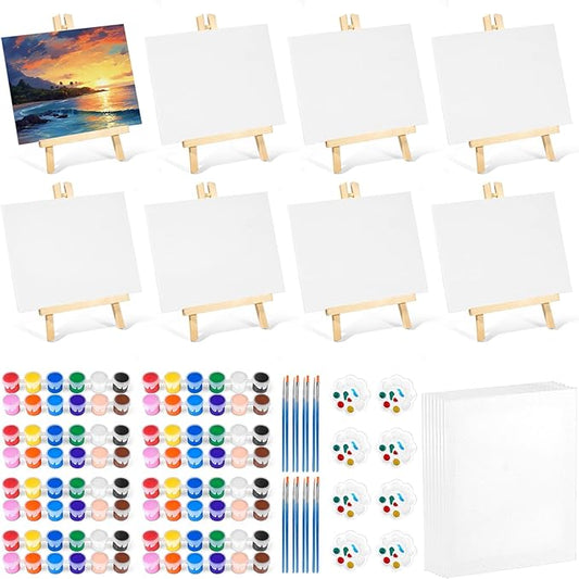 Acrylic Paint Set with 8 PCS 11.8In Easel & 16 PCS 8X10In Canvas, Painting Canvas Panel with Easel, Art Canvas Painting Kit with Brushes & Paint Trays for Kids Teenagers Acrylic Oil Water Color Gift