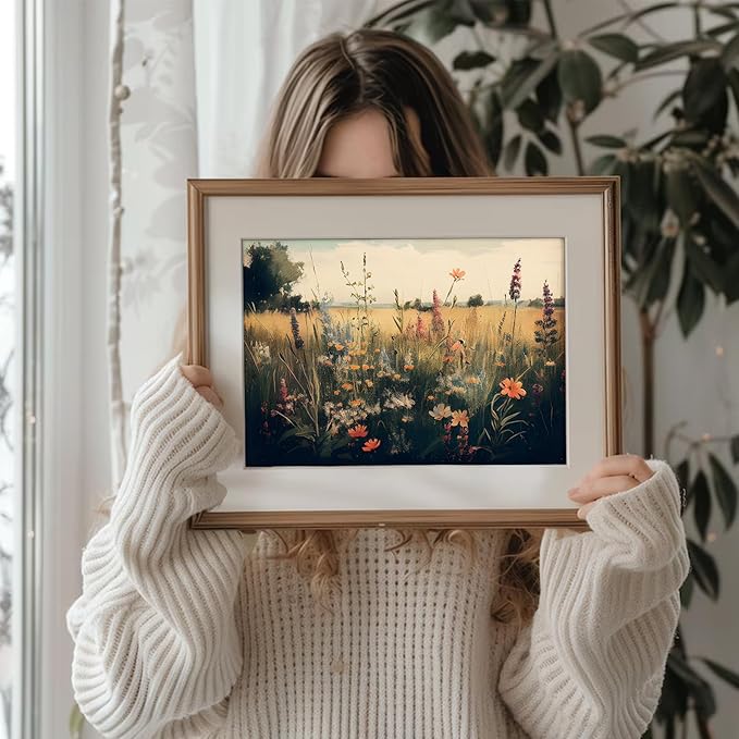 Vintage Wall Art, Classical Wildflower Field Wall Painting Canvas Prints Farmhouse Wall Art French Country Wall Decor Vintage Landscape Art Pictures for Bathroom Kitchen Decor(8" x 10"-UNFRAMED)