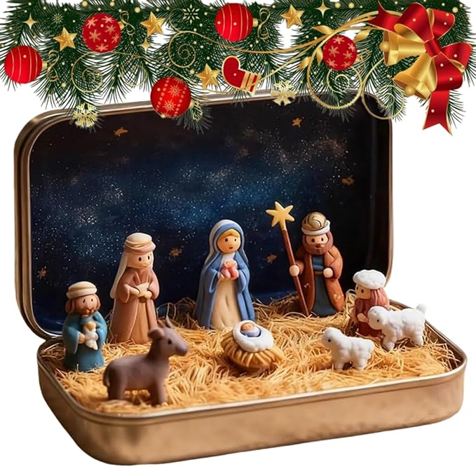 Mini Christmas Nativity Set in a Tin Box, Handcrafted Pocket Bethlehem Scene, Portable Holy Family Display, Small Religious Ornament, for Desk, Shelf, Office