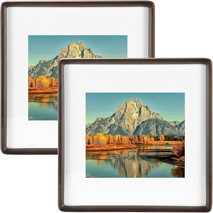 HELPLEX 8x8 Square Picture Frame – 2 Pack Solid Walnut Wood with Real Wood Back & HD Tempered Glass, 6x6 Matted or 8x8 Unmatted, Tabletop or Wall Display – Rustic Home Decor & Gift