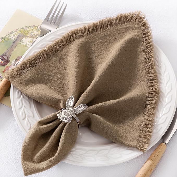12 Pack Nude Cotton Linen Napkins with Fringe Spring Cloth Napkins Set of 12 Boho Handmade Dinner Napkins Bulk for Wedding Bridal Baby Shower Valentine's Day, 17 x 17 Inches