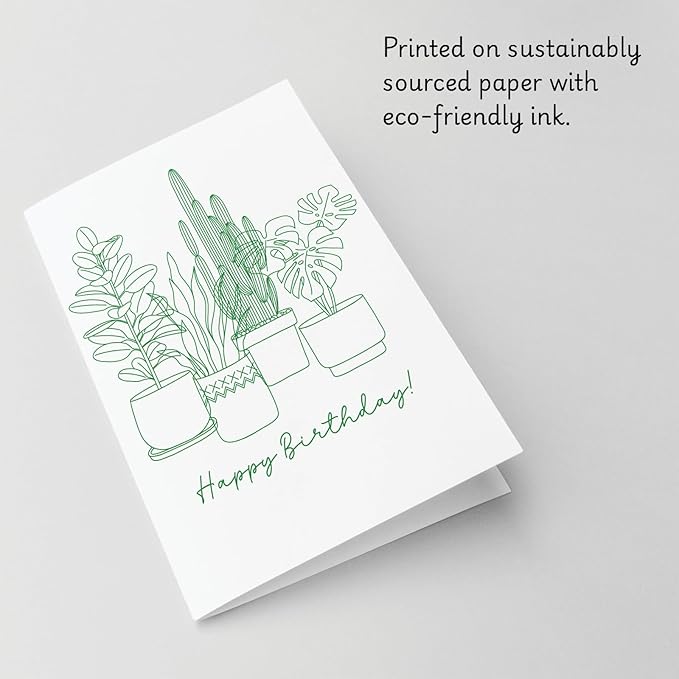 Minimalist Plant Birthday Card Happy Birthday Greeting With Houseplants Botanical Line Art Card For Plant Lovers - Size 6.3"x4.7" Blank Inside with Kraft Envelope