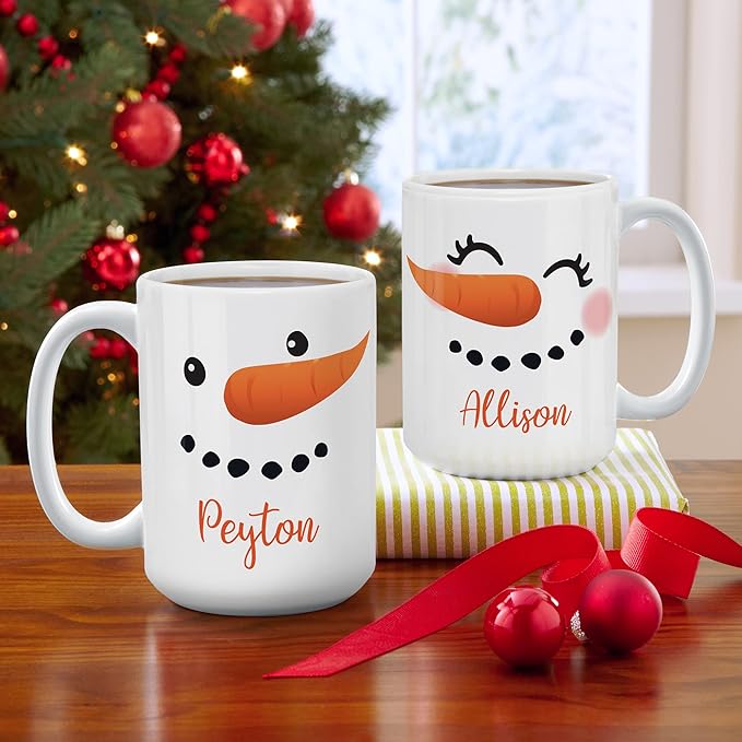 Let's Make Memories Personalized Couples Christmas Snowman Mugs - Christmas Holiday Stocking Stuffer - Set of 2-15 oz. - White Handle