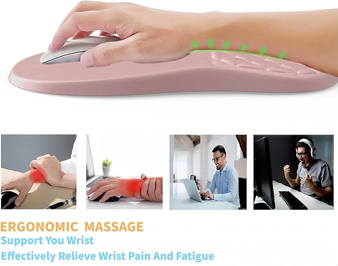 Ergonomic Mouse Pad Wrist Support with Massage Design,Classic Pink Wrist Pain Relief Mousepad with Memory Foam,Non-Slip PU Base