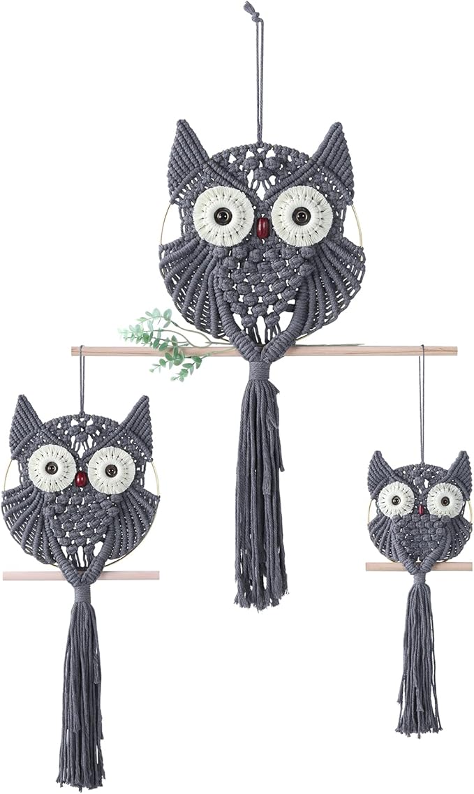 MVSUTA Owl Grey Cotton Handmade Macrame Wall Hanging Tapestry Home Decor Art and Gray Craft Wonderful Decoration Woven Boho Ornament for Office Bedroom Apartment Nursery Gallery,3pcs set:1pc L & 1pc M