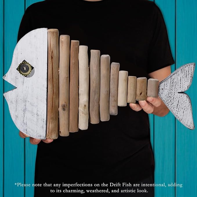 Mint Bucket Brands Driftwood Fish Nautical Wall Decor - 18" x 10" Handmade Wooden Rustic Coastal Wall Art for Living Room, Bedroom, Office, Bathroom - Ocean Beach Decoration (Opal)
