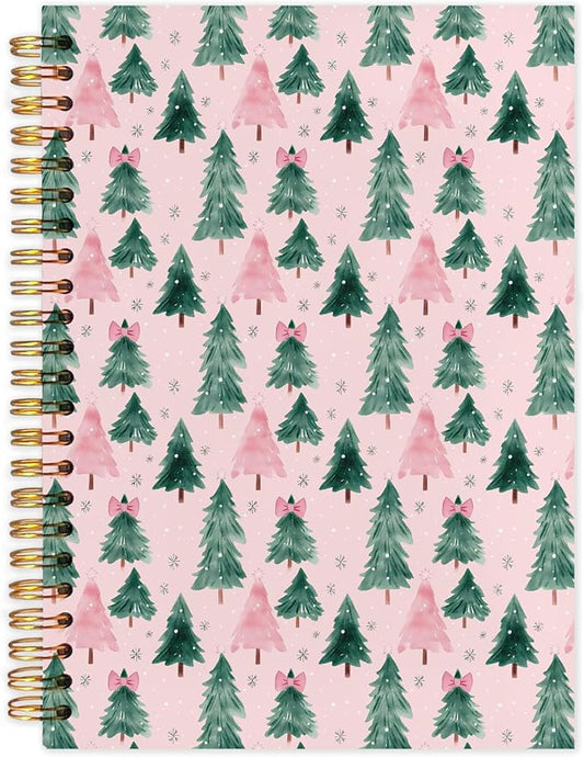 Pink and Green Christmas Tree Spiral Notebook, Coquette Pink Bow Christmas Tree Aesthetic Journal for School Office Supplies, Snowflake Xmas Winter Holiday Hardcover Journal 5.5x8.3 Inch