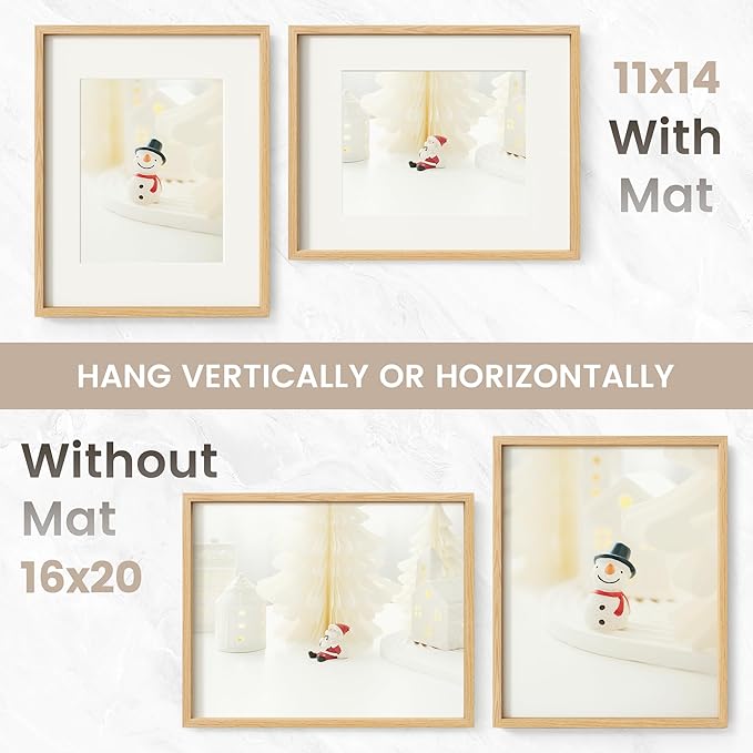 16 x 20 Picture Frame Set of 3, USA-Sourced Natural Oak Wood Photo Collage Frame with HD Tempered Glass, Modern Simple 16x20 Wooden Frame Matted to 11x14, Vertical & Horizontal Wall Hanging Display