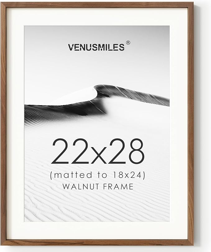 22x28 Poster Frame, USA-Sourced Natural Walnut Wood Picture Collage Frame with HD Tempered Glass, Modern Simple 22 x 28 Wooden Photo Frame Matted to 18x24, Vertical & Horizontal Wall Hanging Display