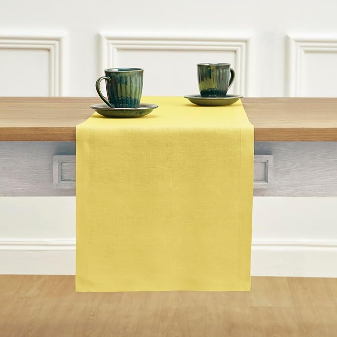 Solino Home Linen Table Runner 36 Inches - 100% Pure Linen Sunshine Yellow Table Runner 14 x 36 Inch Ideal for Dresser and Coffee Tables, Spring, Easter - Fete
