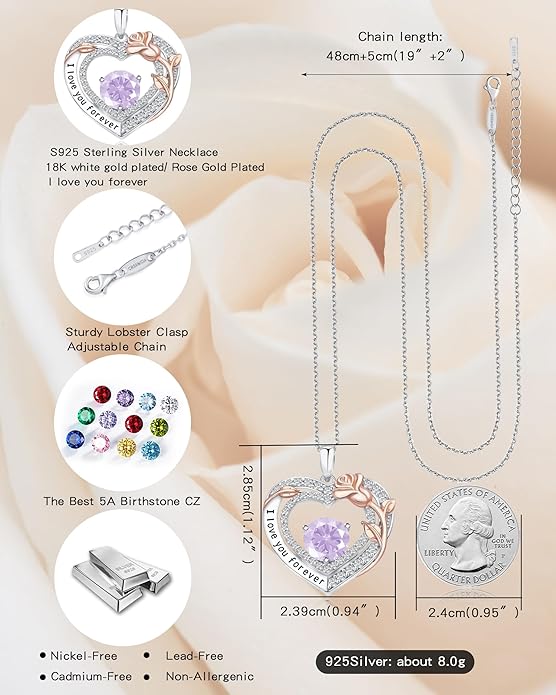 Women's Birthstone Necklace, Holiday Gift for Girlfriend, 925 Sterling Silver Heart Rose Necklace, Anniversary Birthday Gift for Wife, Daughter