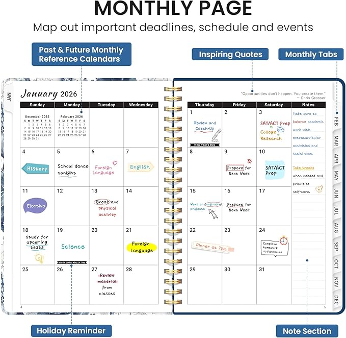 2026 Planner, Monthly and Weekly Calendar Planner for Women, Jan 2026 - Dec 2026, Hardcover Pretty 2026 Agenda Planner Book with Tabs, Spiral Bound, Perfect for School Office Home Supplies, 6.3" x 8.5" - Blue Floral