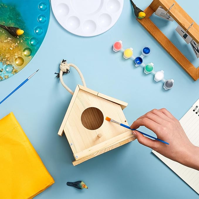 Liliful 8 Sets Wooden DIY Birdhouse Kit Unfinished Bird Houses with Paints and Paintbrushes Bird Feeder Craft Arts for Boy or Girl Classroom Activity and Christmas Kids Wooden Craft Gifts