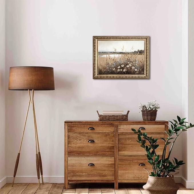 Vintage Wall Art, Farmhouse Wall Decor Wildflower Field Country Wall Painting Canvas Prints Autumn Landscape Oil Painting Wall Decor Vintage Art Pictures for Bedroom Bathroom Kitchen Decor( 8" x 10"-UNFRAMED)