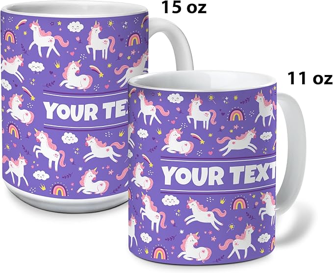 Personalized Mug for Kids - Purple Unicorn - Custom Name/Text, Ceramic Hot Chocolate/Cocoa/Coffee Cup for Girls, Birthday/Christmas/Holiday Gift - 11 oz, Light Blue Handle