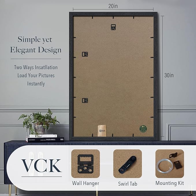 VCK 20x30 Poster Frame Black Oak - 3 Pack, Exclusive Natural Textured Solid Wood Picture Frame, Horizontal and Vertical Formats for Wall with Included Hanging Hardware