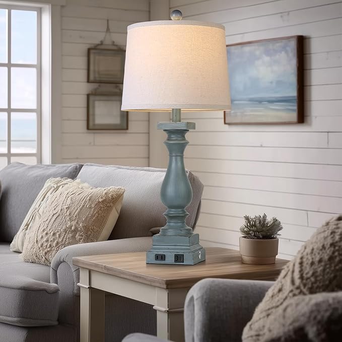 28" Tall Farmhouse Table Lamp with USB C+A Ports and AC Outlet, 3 Way Touch Control Rustic Bedside Lamp for Bedroom, Blue Vintage Nightstand Lamp for Living Room Office