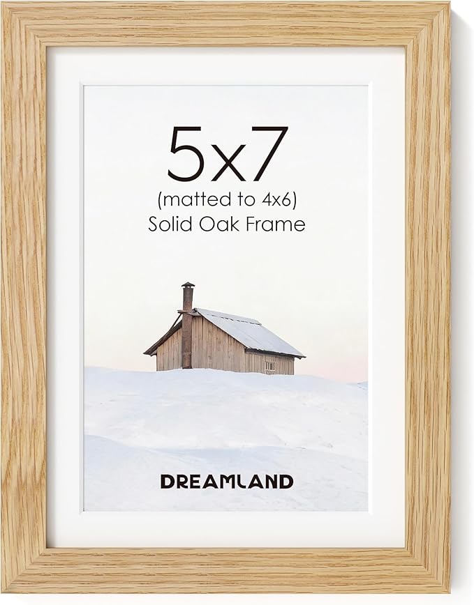 Dreamland 5x7 Picture Frame, Solid Oak Wood Photo Frame with Mat for 4x6, 5 x 7 Matted Picture Frames with Resistant Plexiglass for Wall Mounting or Tabletop, Oak Color, Set of 1